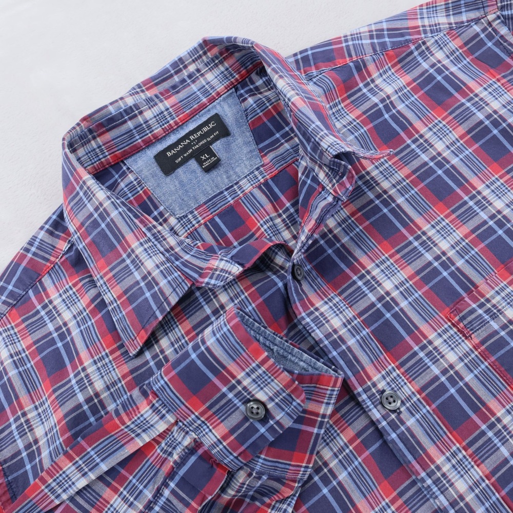 Banana Republic Mens XL Soft Wash Tailored Slim Fit Plaid Button Down Shirt Blue